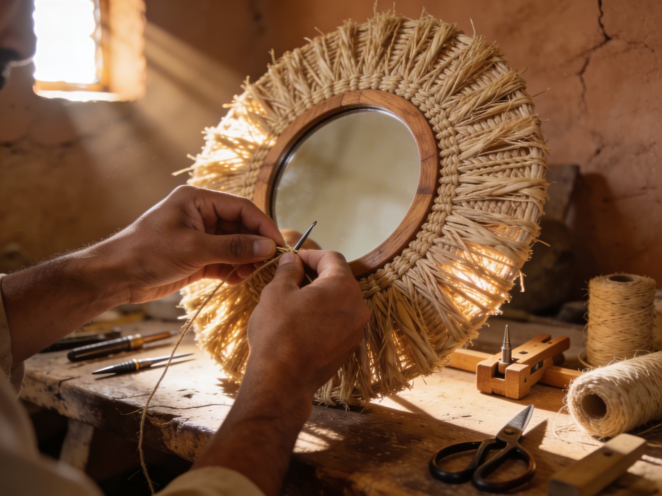 Handmade Moroccan Straw Mirror – Artisan Home Decor