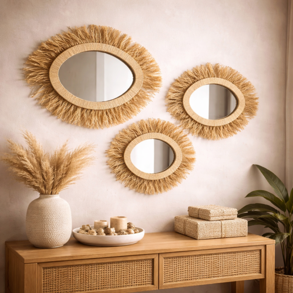 Boho Raffia Sunburst Wall Mirror
