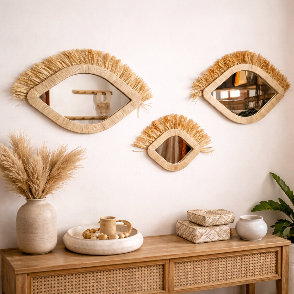 Bohemian Raffia Wall Mirror Set