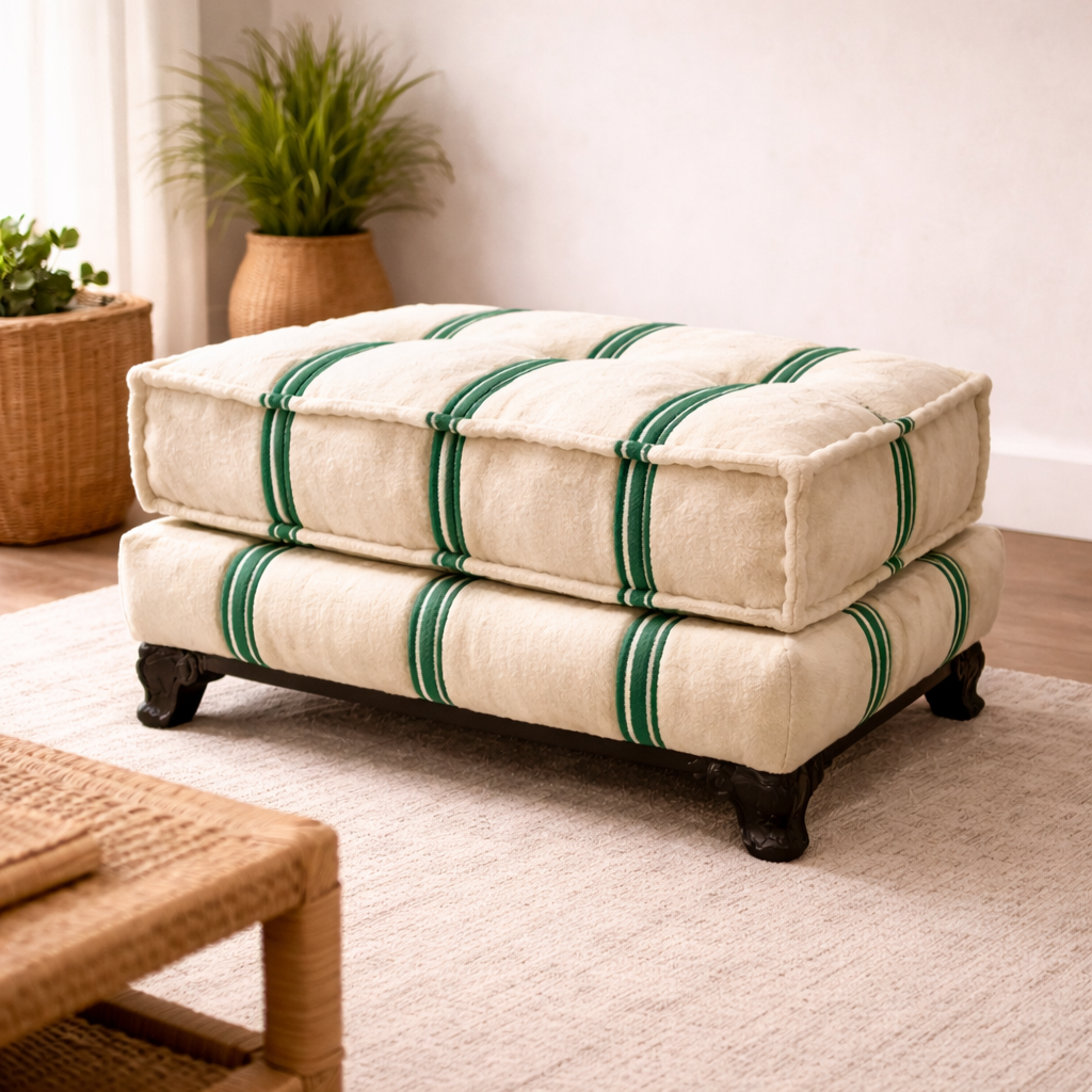 Cream Berber Ottoman with Green Stripes