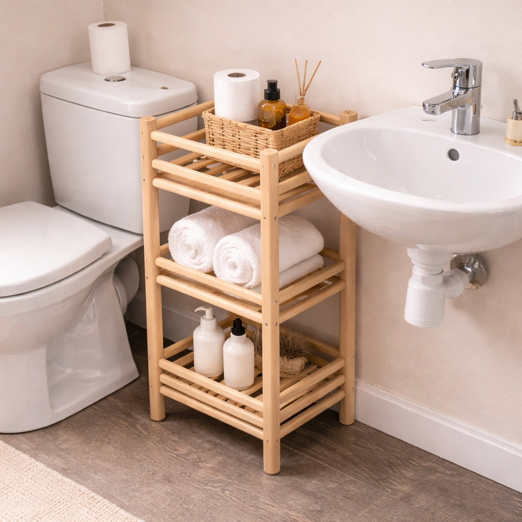 Natural Wood Bathroom Storage Rack