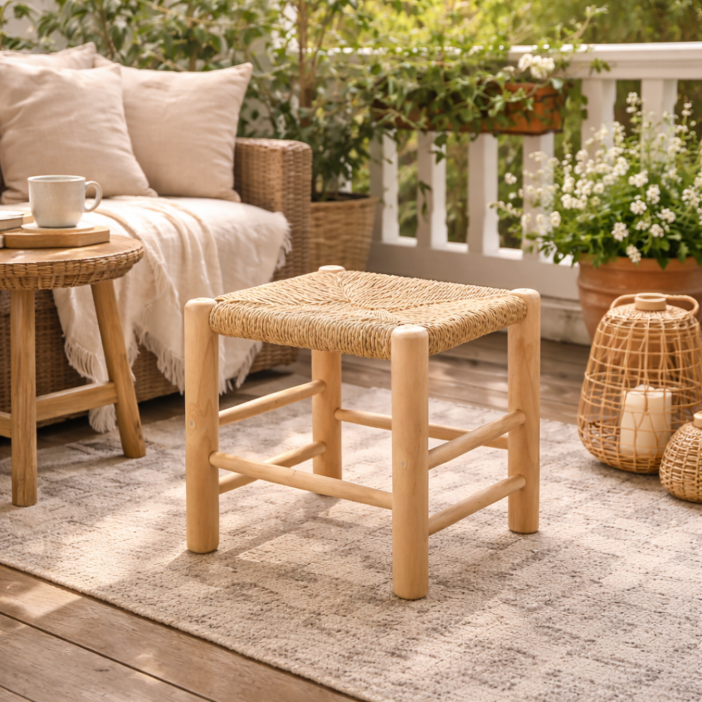 Handcrafted Natural Wood chair with Linen Cushions. Collage